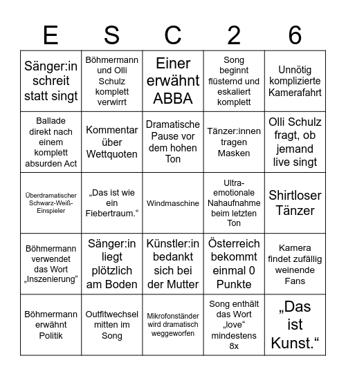 Eurovision Bullshit Bingo Card