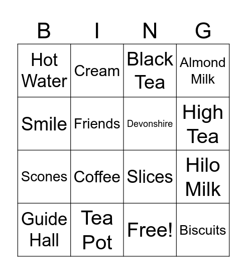 Girl Guide Tea Party Bingo Card