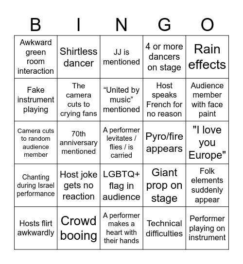 Eurovision 2026 Bingo Card