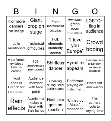 Eurovision 2026 Bingo Card