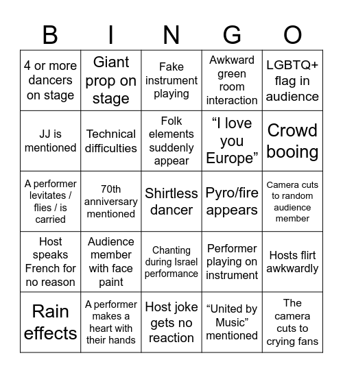 Eurovision 2026 Bingo Card