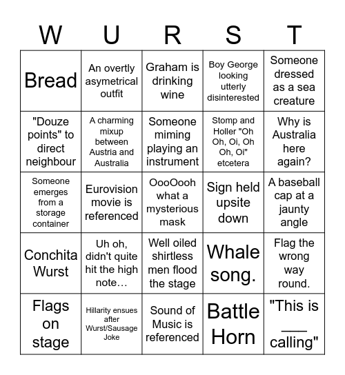 Eurovision 2026 Bingo Card