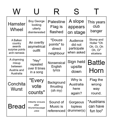 Eurovision 2026 Bingo Card