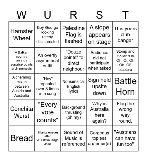 Eurovision 2026 Bingo Card