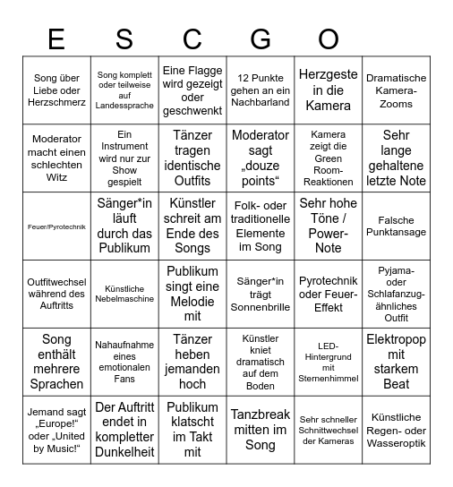 Eurovision Song Contest 2026 Bingo Card