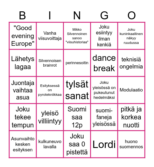 Euroviisut Bingo Card