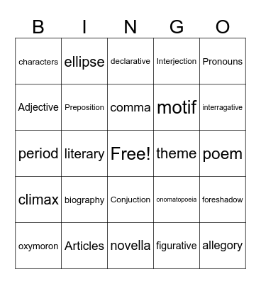 English Bingo Card