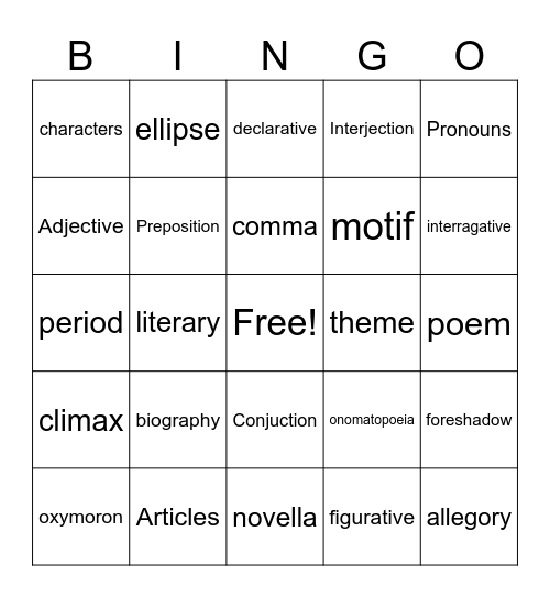 English Bingo Card