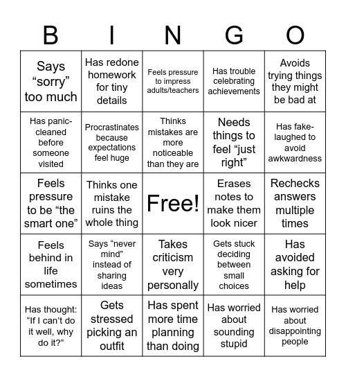 Perfectionism Bingo Card