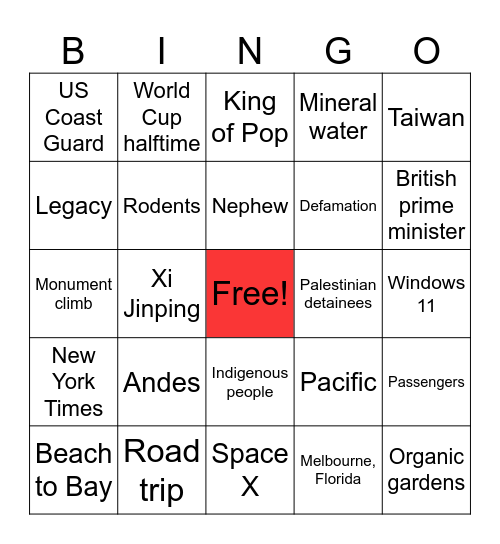 Current Events Updates 5/15/26 Bingo Card