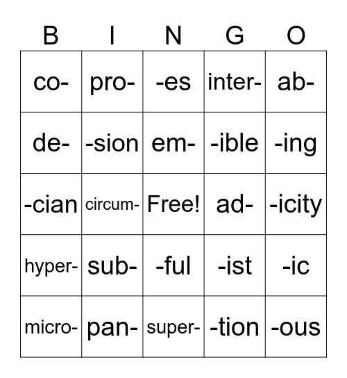 Affixes OG L 91-94 Bingo Card