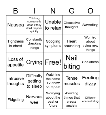 Anxiety Symptoms Bingo Card