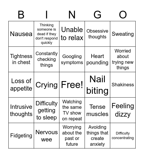 Anxiety Symptoms Bingo Card