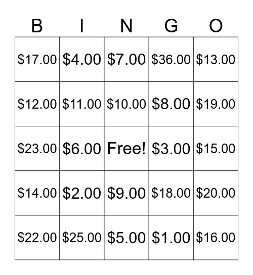 Next Dollar Up Bingo Card