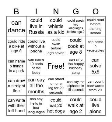 Can/Could Bingo Card