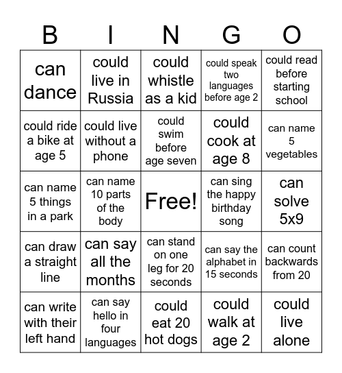 Can/Could Bingo Card