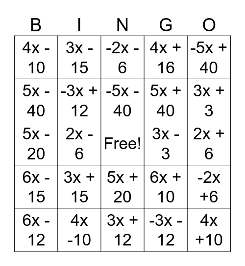 Distributive Property (Equivalent Expressions) Bingo Card
