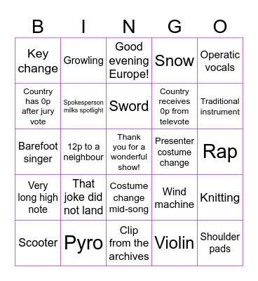 Eurovision Bingo Card