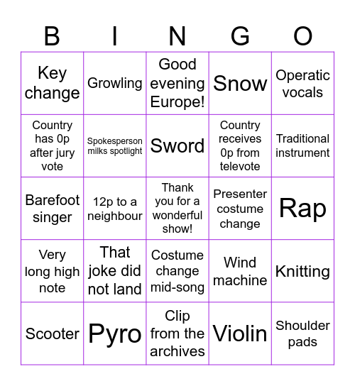 Eurovision Bingo Card