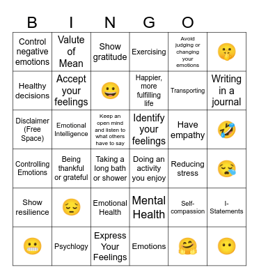 Mental and Emotional Health- 6th Grade Bingo Card