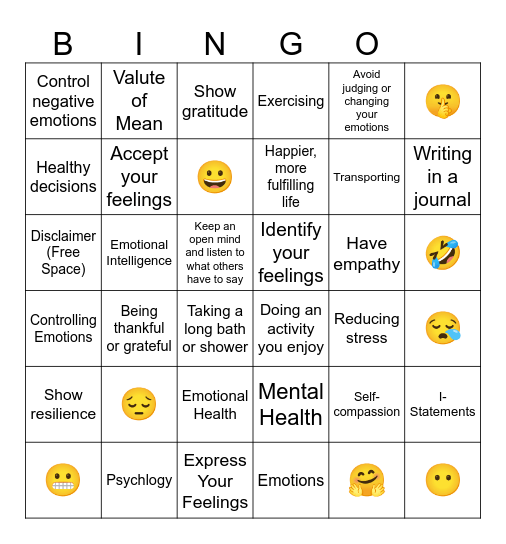 Mental and Emotional Health- 6th Grade Bingo Card