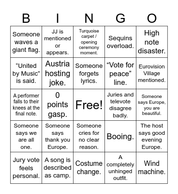 Eurovison 2026 Bingo Card