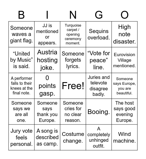 Eurovison 2026 Bingo Card