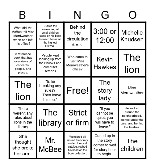 Library Lion Bingo Card