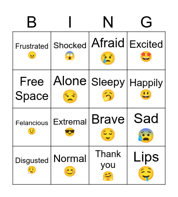Feelings and emotions. Bingo Card