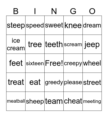 ee  ea  spelling words Bingo Card