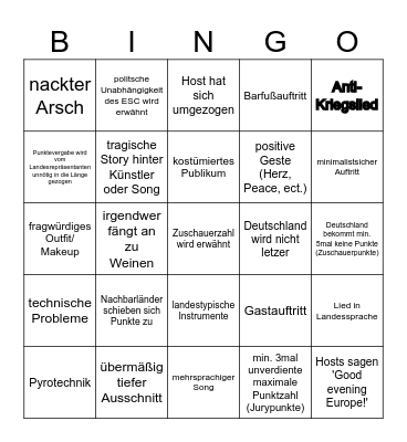 Eurovision Song Contest Bingo Card