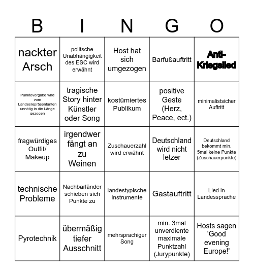 Eurovision Song Contest Bingo Card