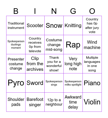 Eurovision Bingo Card