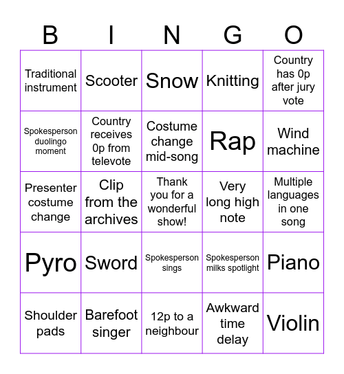 Eurovision Bingo Card