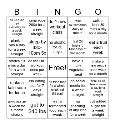 Nutrition & Fitness Bingo Card