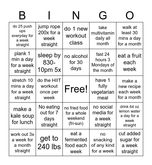 Nutrition & Fitness Bingo Card