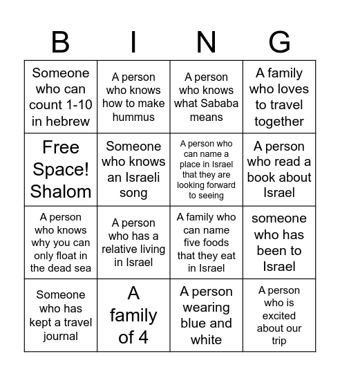 CAI 2026 FAMILY TRIP TO ISRAEL Bingo Card
