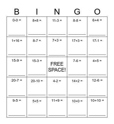 Addition & Subtraction: #0-20 Bingo Card