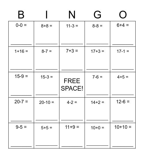 Addition & Subtraction: #0-20 Bingo Card