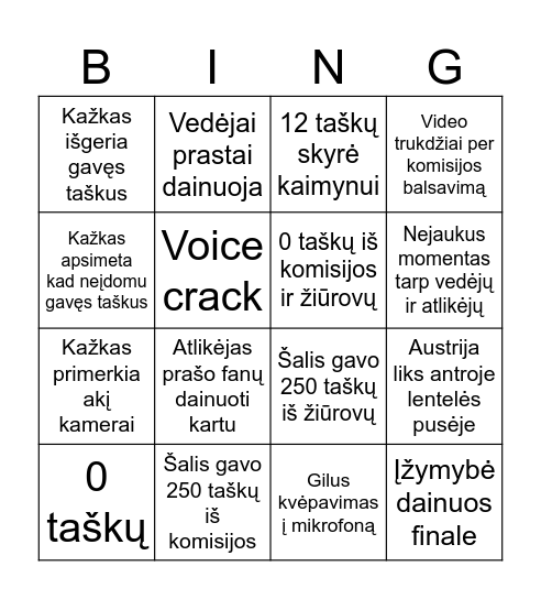 Eurovision Bingo Card