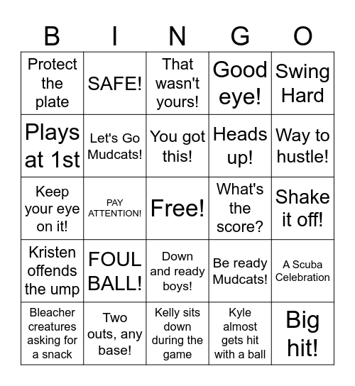 Mudcats Bingo Card