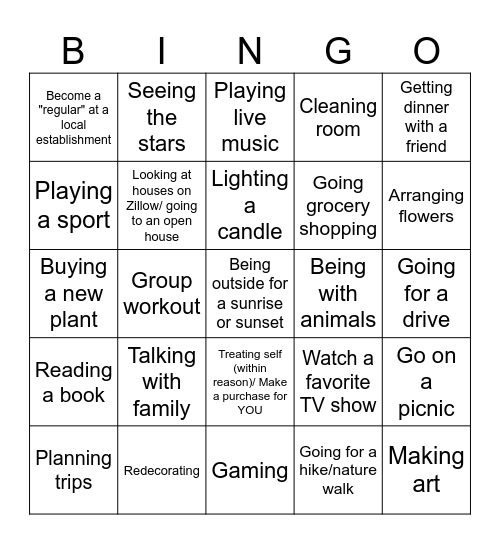 "A" Positive Events: Short Term Bingo Card