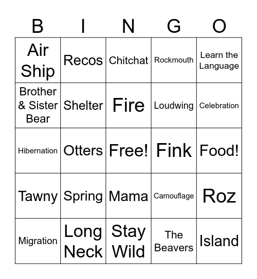 Wild Robot Bingo Card