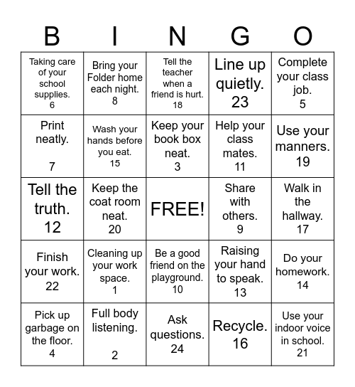 Responsibility BINGO Card