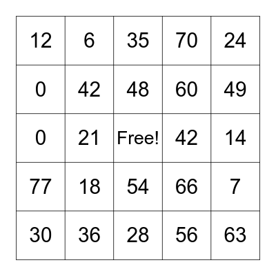 6's and 7's Multiplication Facts Bingo Card