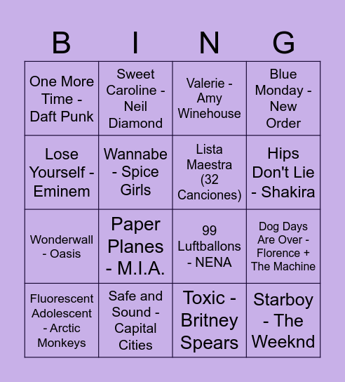 Music Bingo Card