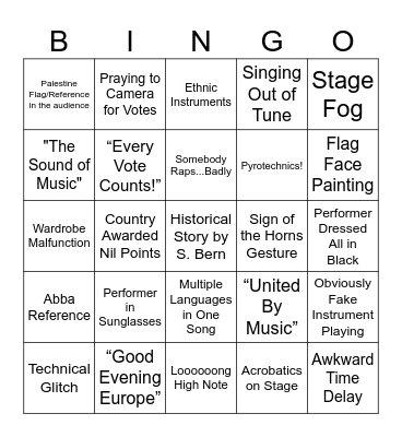 Eurovision 2026 Bingo Card