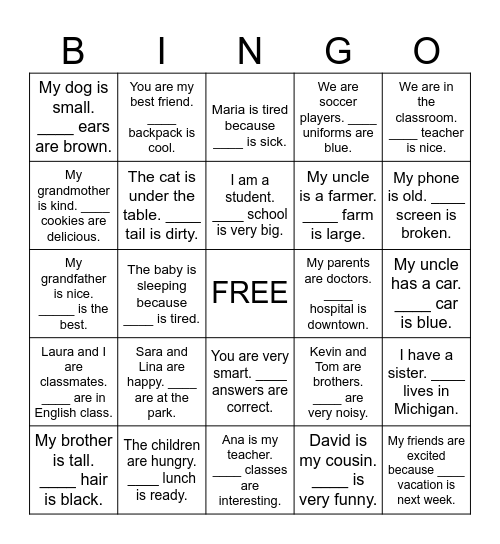 Personal Pronouns and Possessive Adjectives Bingo Card