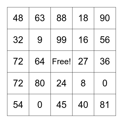 8's and 9's Multiplication Facts Bingo Card