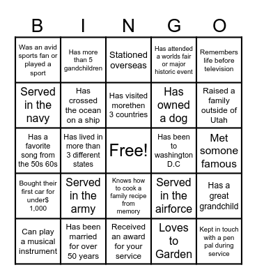 Memorial Bingo Card